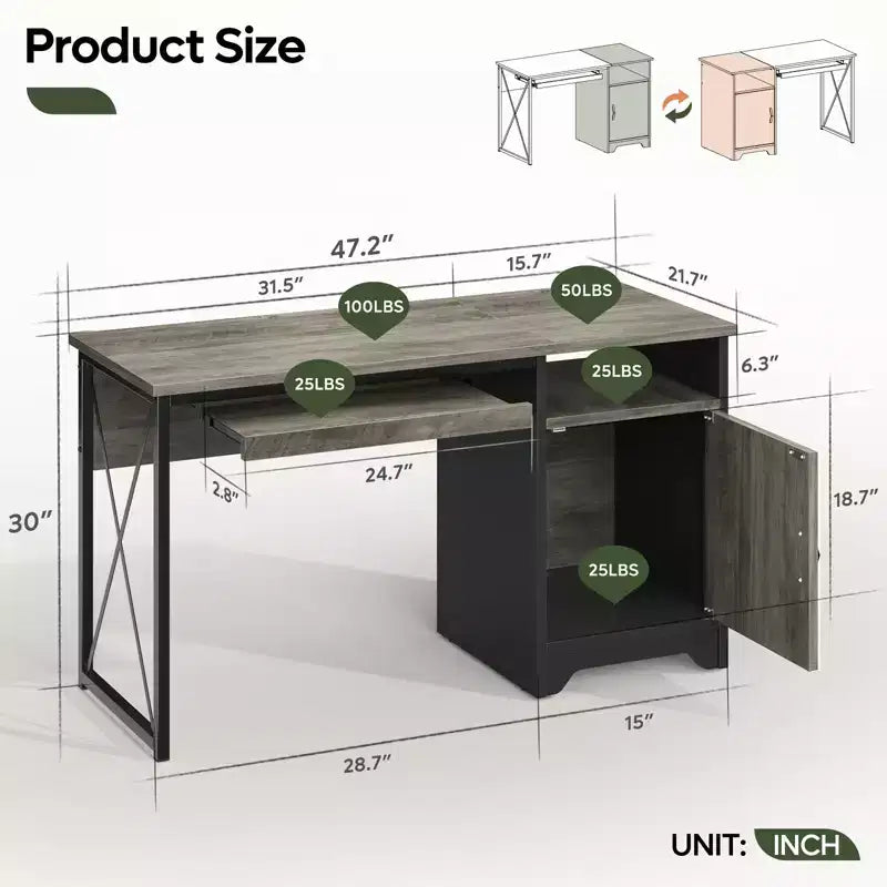 Bureau informatique de 122 cm avec rangement, petit bureau de direction avec placard, étagère ouverte et tablette coulissante pour clavier, pour bureau à domicile et étude