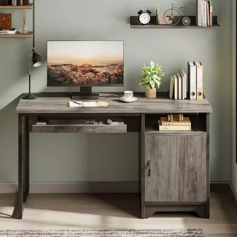 Bureau informatique de 122 cm avec rangement, petit bureau de direction avec placard, étagère ouverte et tablette coulissante pour clavier, pour bureau à domicile et étude