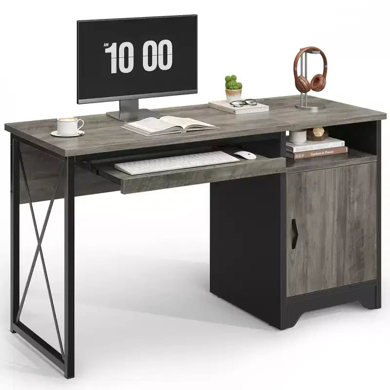 Bureau informatique de 122 cm avec rangement, petit bureau de direction avec placard, étagère ouverte et tablette coulissante pour clavier, pour bureau à domicile et étude