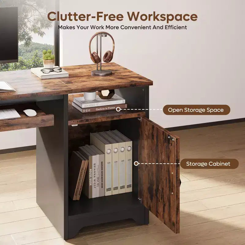 Bureau informatique de 122 cm avec rangement, petit bureau de direction avec placard, étagère ouverte et tablette coulissante pour clavier, pour bureau à domicile et étude