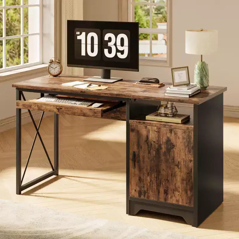 Bureau informatique de 122 cm avec rangement, petit bureau de direction avec placard, étagère ouverte et tablette coulissante pour clavier, pour bureau à domicile et étude
