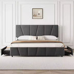King Bed Frame, Platform Bed with Adjustable Headboard - 4 Storage Drawers, Velvet Upholstered Tufted, No Box Spring Needed, Grey