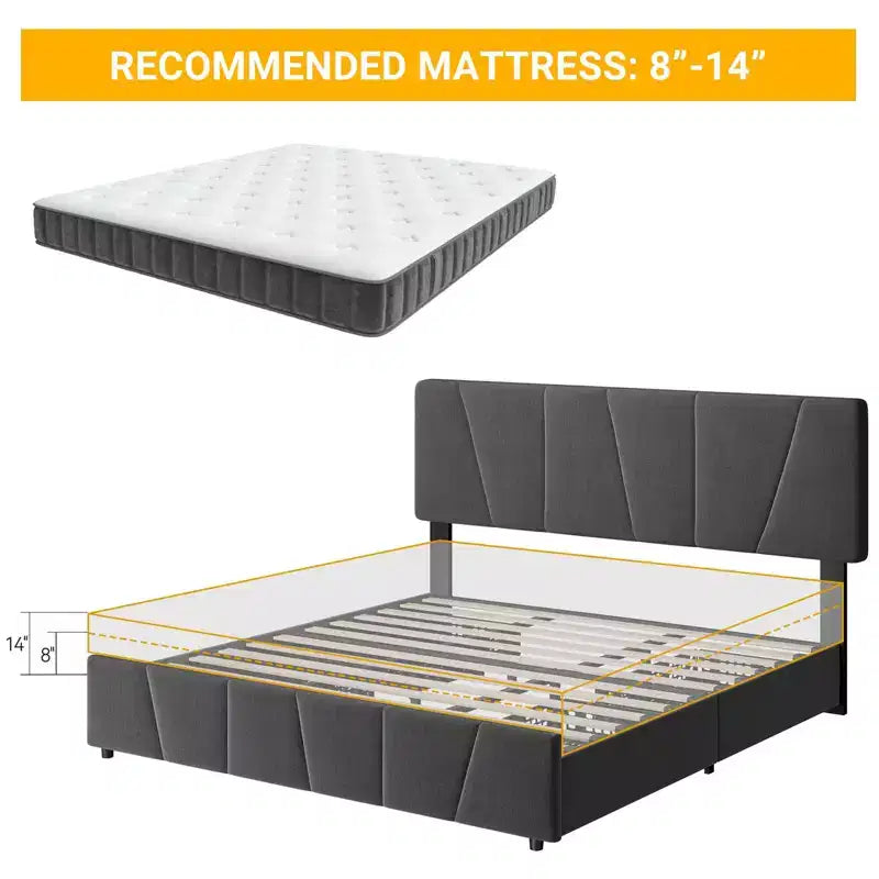Cadre de lit King, lit plateforme avec tête de lit réglable - 4 tiroirs de rangement, revêtement en velours capitonné, pas besoin de sommier tapissier, gris