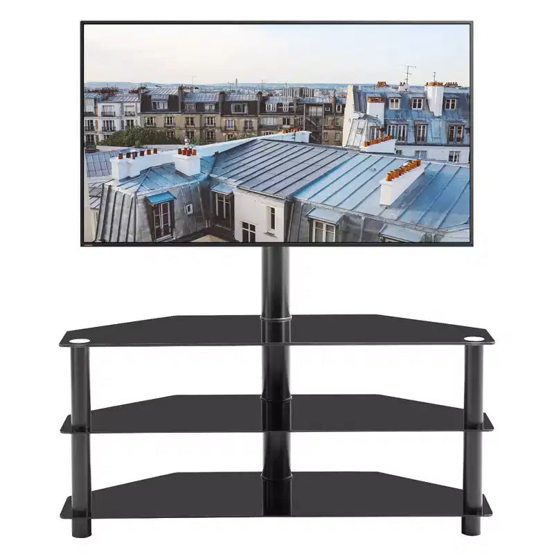 Meuble TV multifonction noir de 35,4 pouces - Support pivotant réglable en hauteur avec 3 étagères en verre trempé