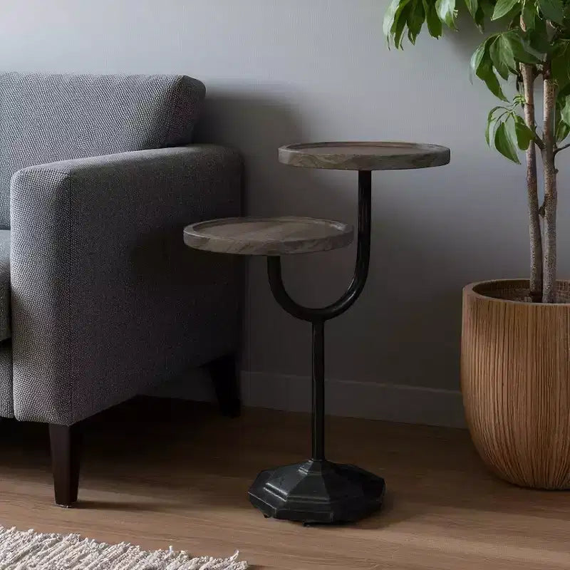 Table d'appoint ronde à double plateau 19 en bois massif naturel et noir et fer
