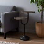 Table d'appoint ronde à double plateau 19 en bois massif naturel et noir et fer