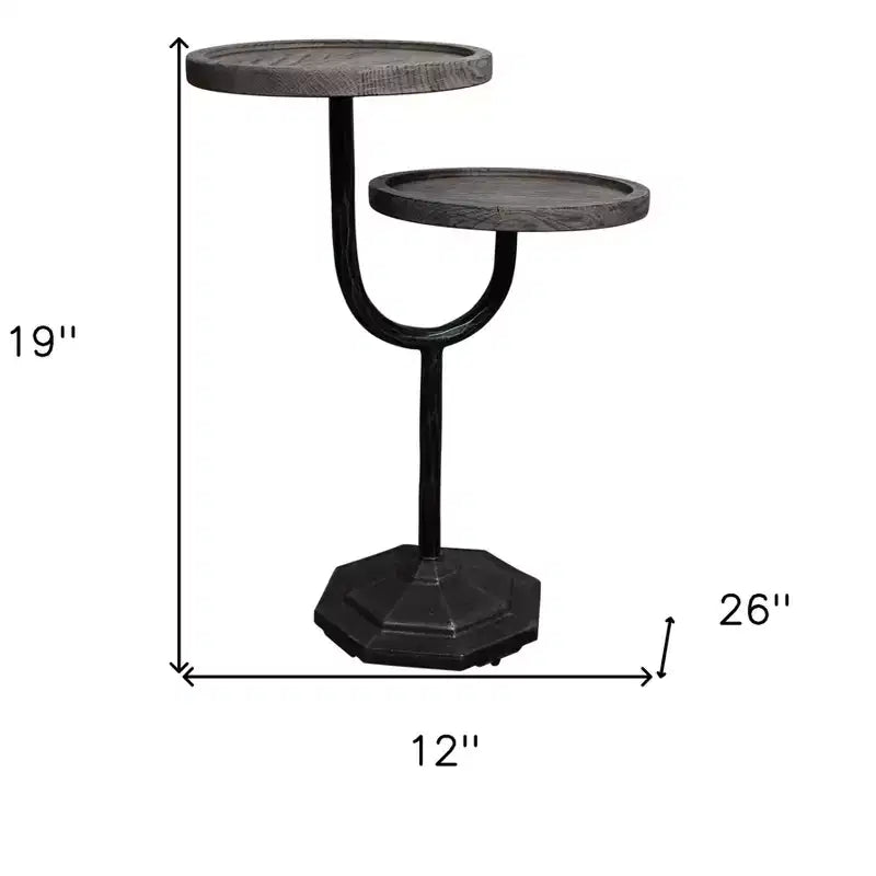 Table d'appoint ronde à double plateau 19 en bois massif naturel et noir et fer