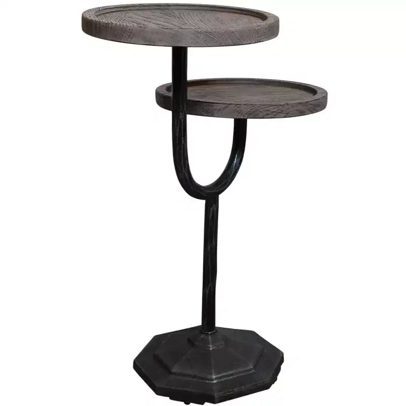 Table d'appoint ronde à double plateau 19 en bois massif naturel et noir et fer