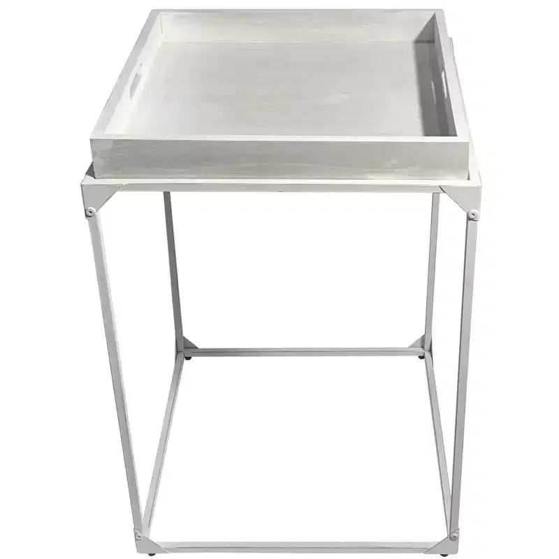 Table d'appoint carrée en bois massif blanc et fer, style plateau, 29 pouces
