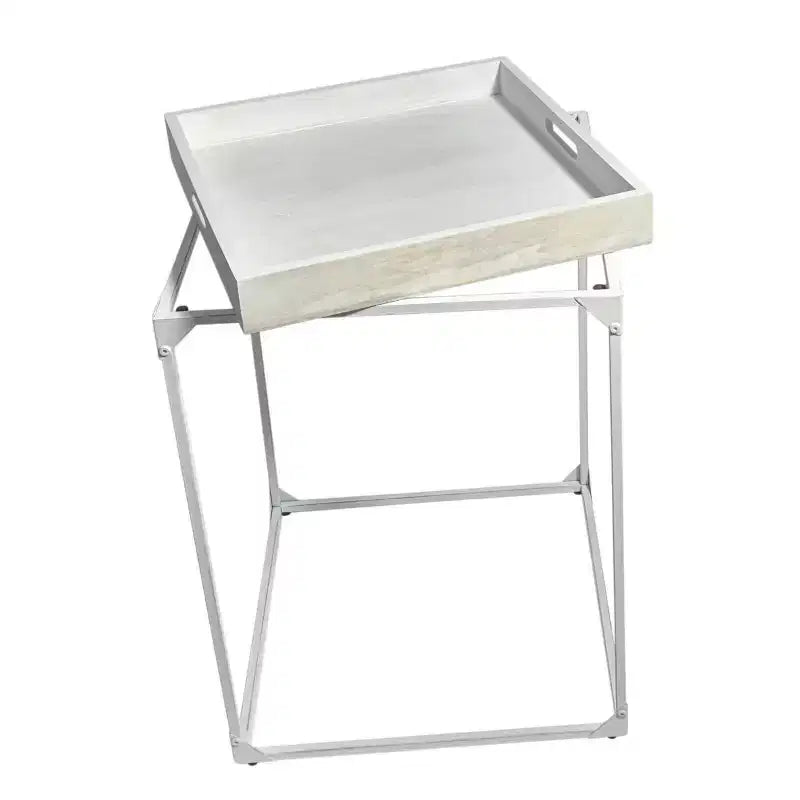 Table d'appoint carrée en bois massif blanc et fer, style plateau, 29 pouces