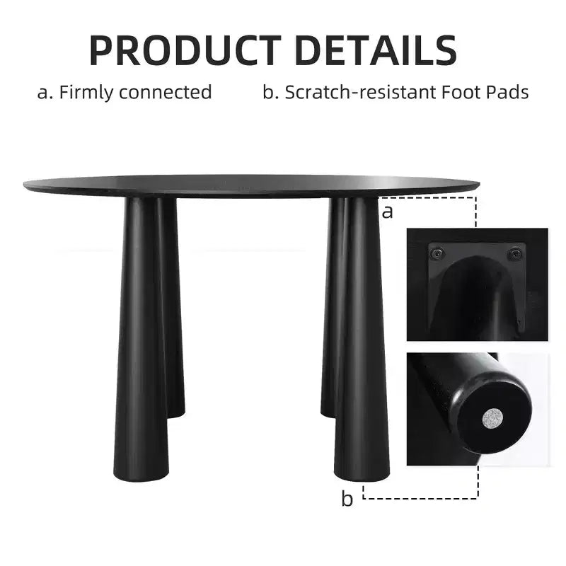Table de salle à manger ronde de 45 pouces, table de cuisine pour 4 personnes avec plateau à bord incurvé et 4 pieds coniques pour salon, salle à manger, café, bureau, robuste, noir