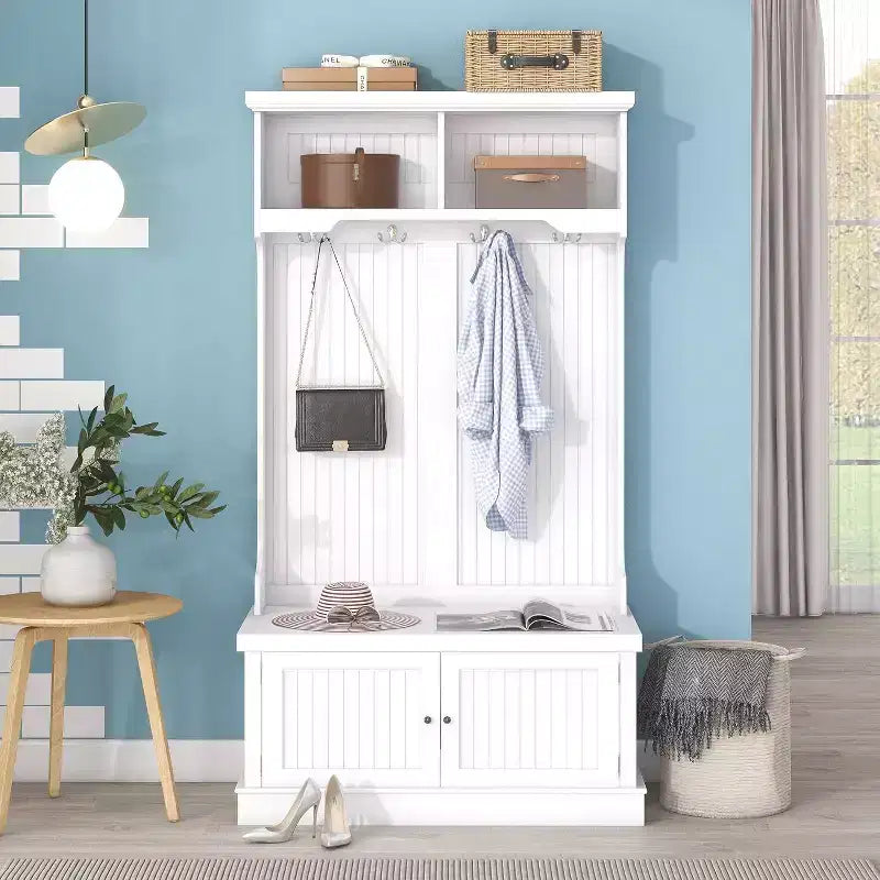 Acekool 4-in-1 Hall Tree with Storage Shoe Bench, Coat Rack with 4 Hooks, Entryway Organizer with Display Shelves & Cabinet, White