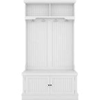 Meuble d'entrée 4 en 1 avec banc de rangement à chaussures, porte-manteau à 4 crochets, organisateur d'entrée avec étagères et armoire, blanc