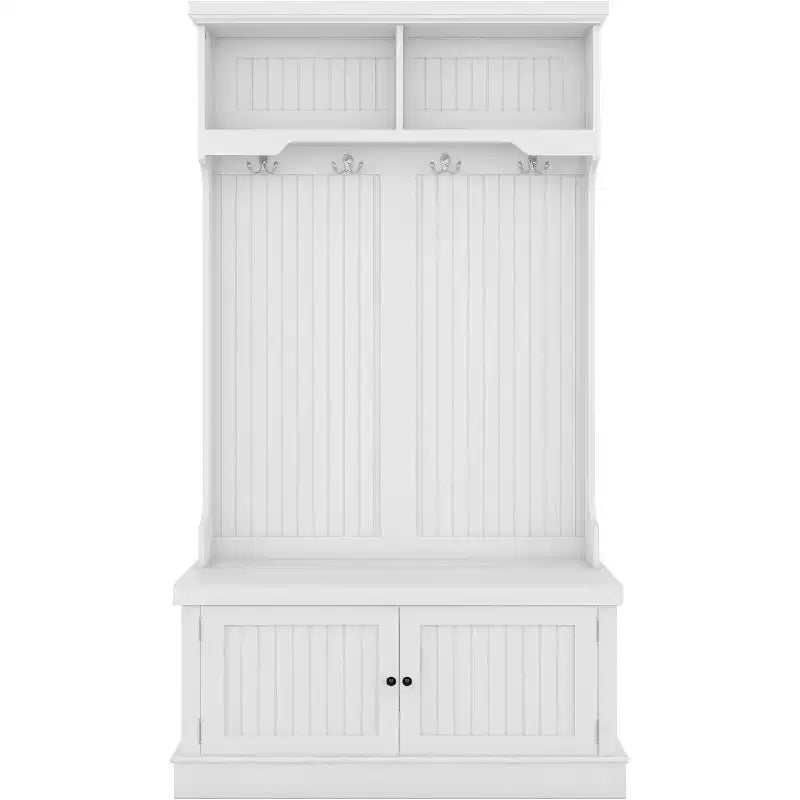 Meuble d'entrée 4 en 1 avec banc de rangement à chaussures, porte-manteau à 4 crochets, organisateur d'entrée avec étagères et armoire, blanc