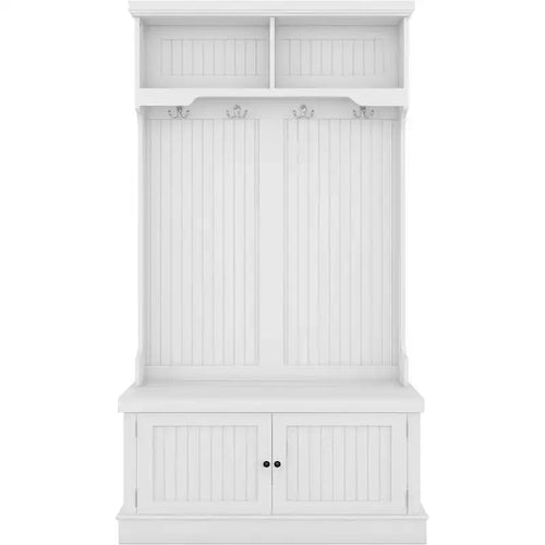 Meuble d'entrée 4 en 1 avec banc de rangement à chaussures, porte-manteau à 4 crochets, organisateur d'entrée avec étagères et armoire, blanc