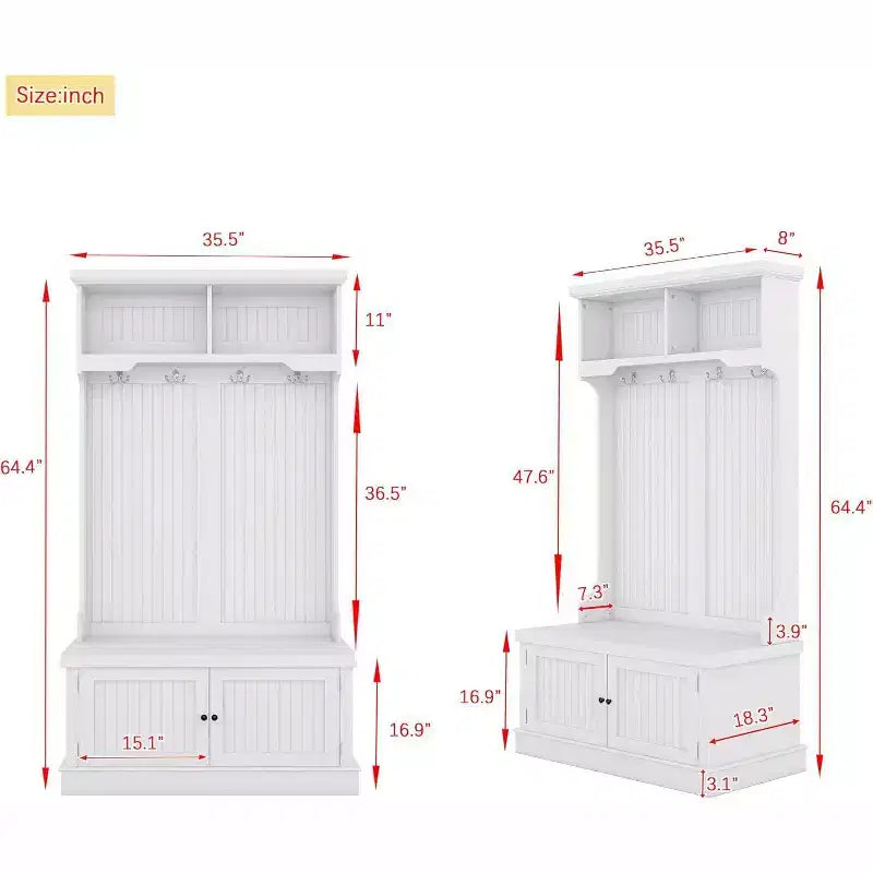 Meuble d'entrée 4 en 1 avec banc de rangement à chaussures, porte-manteau à 4 crochets, organisateur d'entrée avec étagères et armoire, blanc