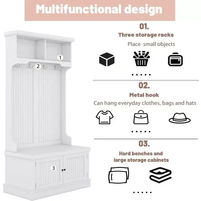 Meuble d'entrée 4 en 1 avec banc de rangement à chaussures, porte-manteau à 4 crochets, organisateur d'entrée avec étagères et armoire, blanc