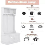 Meuble d'entrée 4 en 1 avec banc de rangement à chaussures, porte-manteau à 4 crochets, organisateur d'entrée avec étagères et armoire, blanc