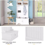 Meuble d'entrée 4 en 1 avec banc de rangement à chaussures, porte-manteau à 4 crochets, organisateur d'entrée avec étagères et armoire, blanc
