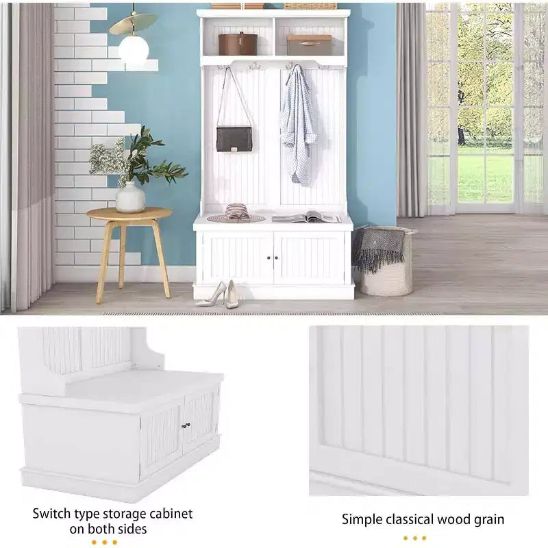 Meuble d'entrée 4 en 1 avec banc de rangement à chaussures, porte-manteau à 4 crochets, organisateur d'entrée avec étagères et armoire, blanc