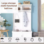 Meuble d'entrée 4 en 1 avec banc de rangement à chaussures, porte-manteau à 4 crochets, organisateur d'entrée avec étagères et armoire, blanc