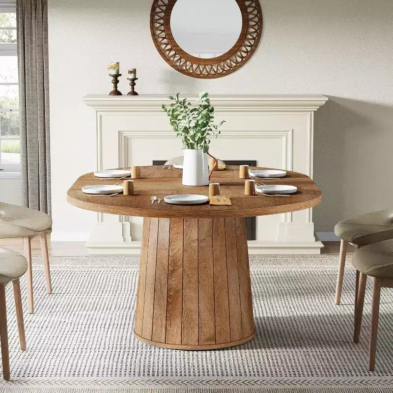 Table à manger ovale pour 6 personnes, table de cuisine rustique de 140 cm avec pied cylindrique