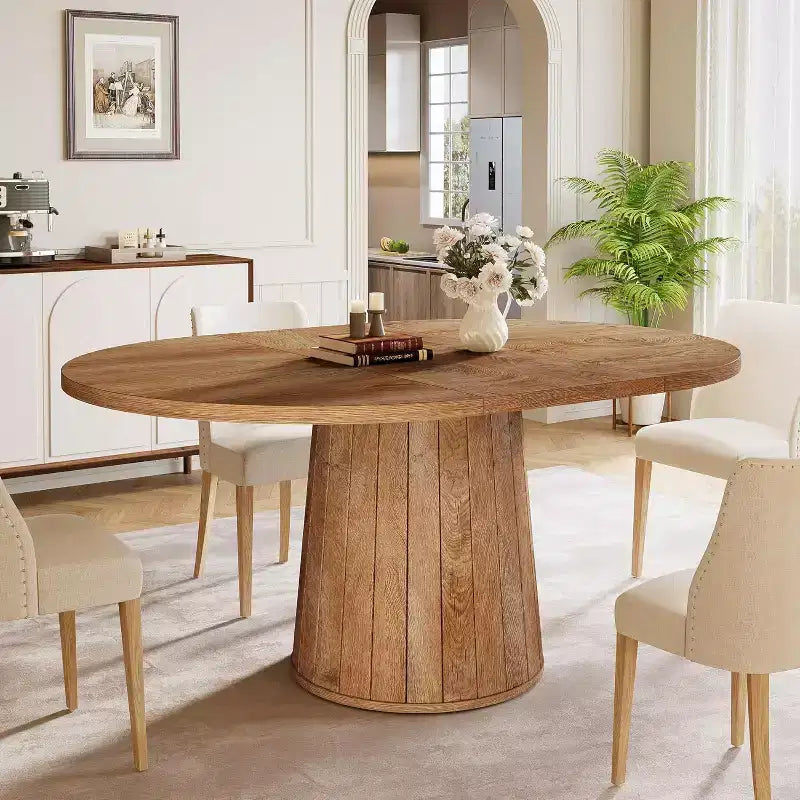 Table à manger ovale pour 6 personnes, table de cuisine rustique de 140 cm avec pied cylindrique