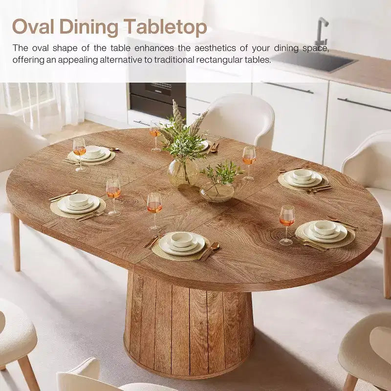 Table à manger ovale pour 6 personnes, table de cuisine rustique de 140 cm avec pied cylindrique