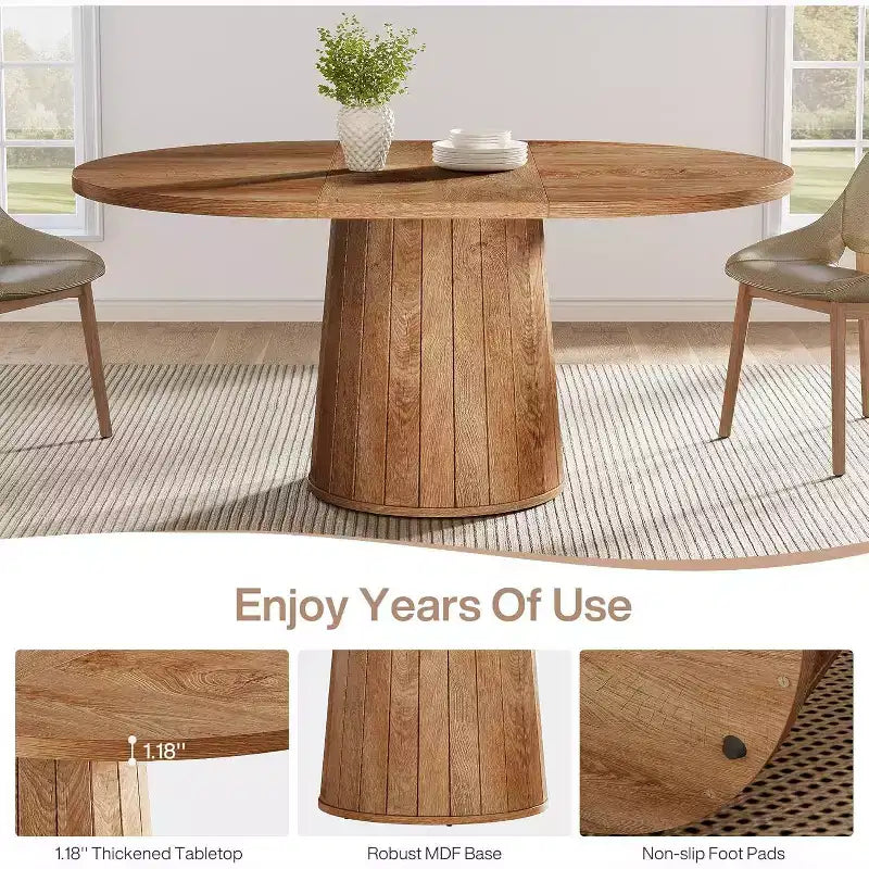 Table à manger ovale pour 6 personnes, table de cuisine rustique de 140 cm avec pied cylindrique
