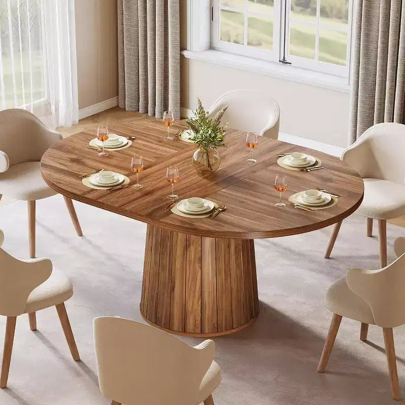 Table à manger ovale pour 6 personnes, table de cuisine rustique de 140 cm avec pied cylindrique