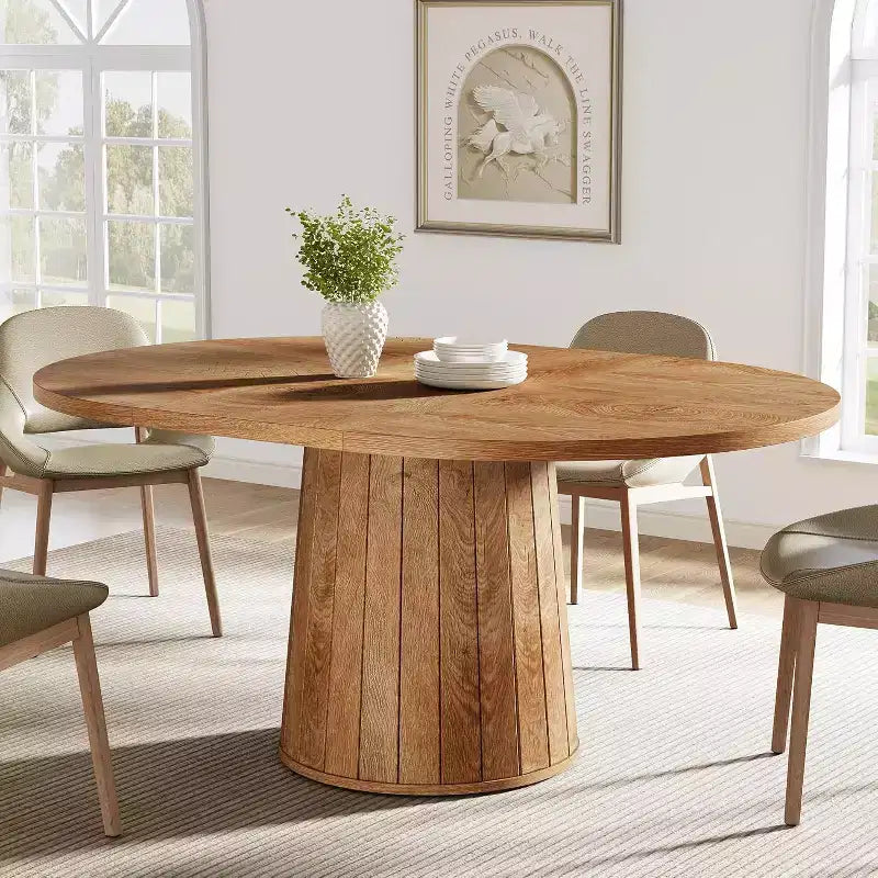 Table à manger ovale pour 6 personnes, table de cuisine rustique de 140 cm avec pied cylindrique