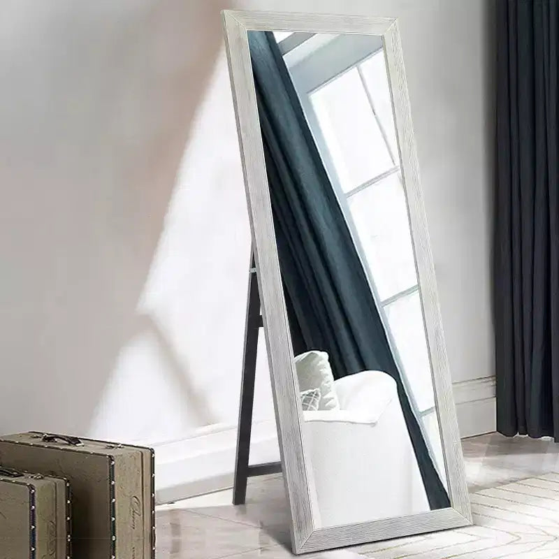 Miroir pleine longueur en bois massif blanc brossé et délavé, 64x21 po, avec support en verre trempé