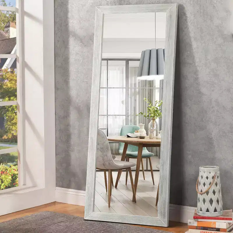 Miroir pleine longueur en bois massif blanc brossé et délavé, 64x21 po, avec support en verre trempé