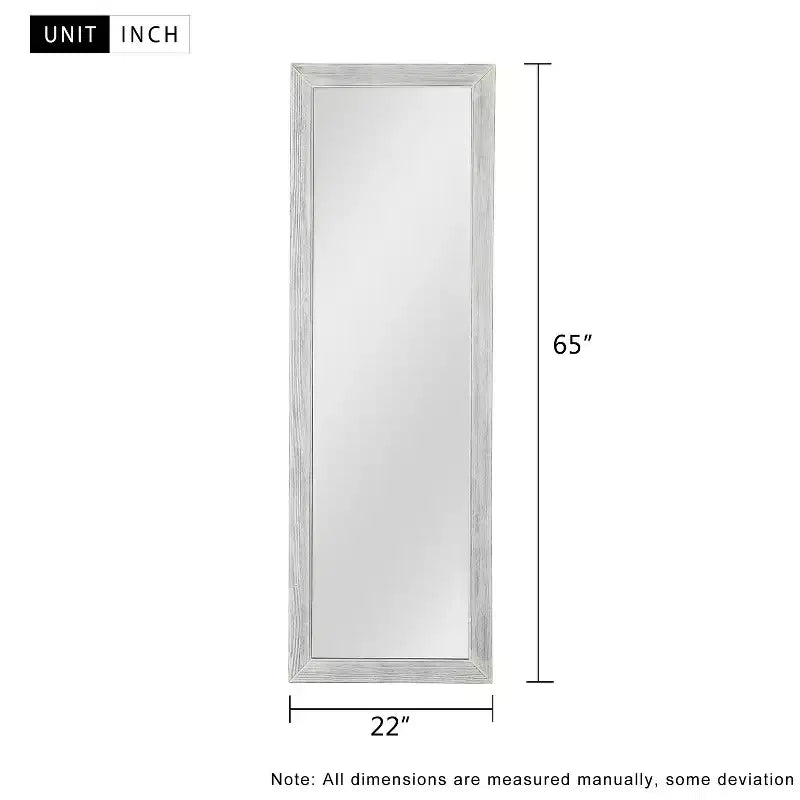 Miroir pleine longueur en bois massif blanc brossé et délavé, 64x21 po, avec support en verre trempé