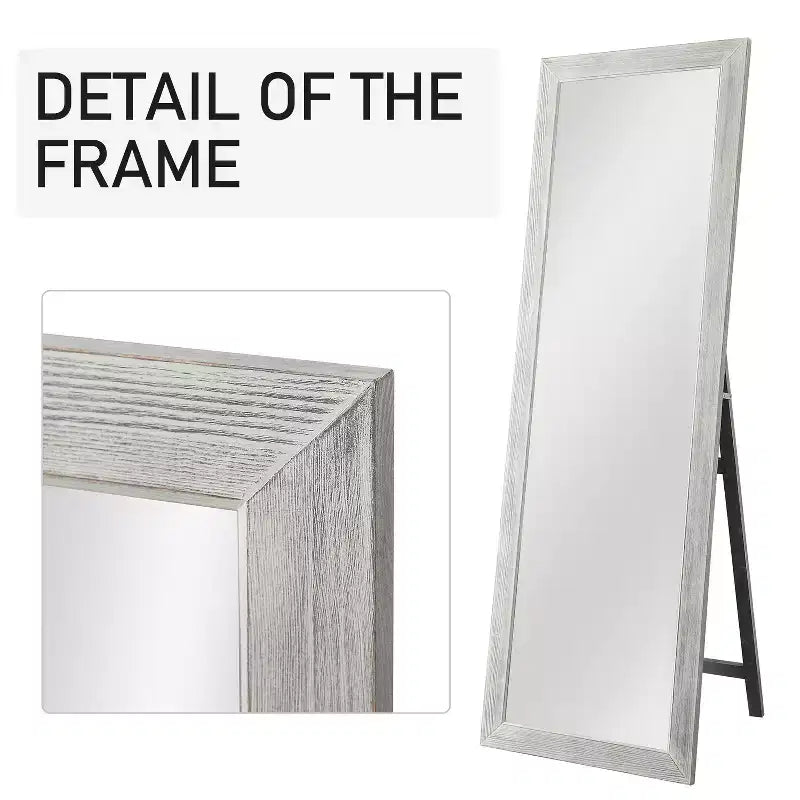 Miroir pleine longueur en bois massif blanc brossé et délavé, 64x21 po, avec support en verre trempé