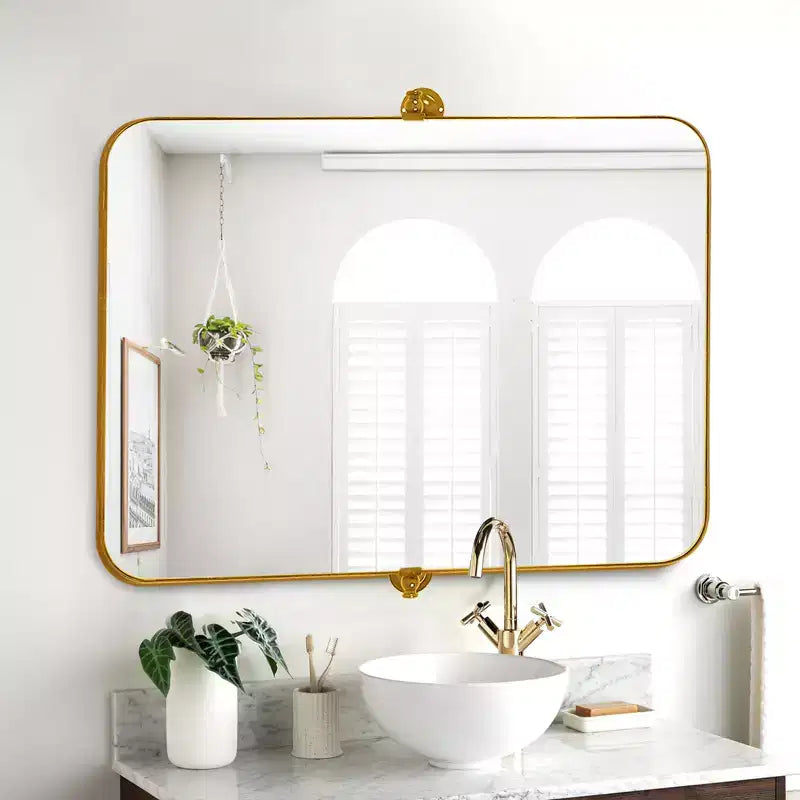 Miroir mural rectangulaire, coins arrondis, en fer noir, quincaillerie rotative, 31x23x2in