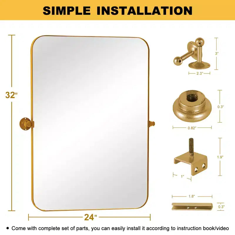 Miroir mural rectangulaire, coins arrondis, en fer noir, quincaillerie rotative, 31x23x2in