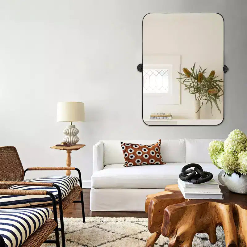 Miroir mural rectangulaire, coins arrondis, en fer noir, quincaillerie rotative, 31x23x2in