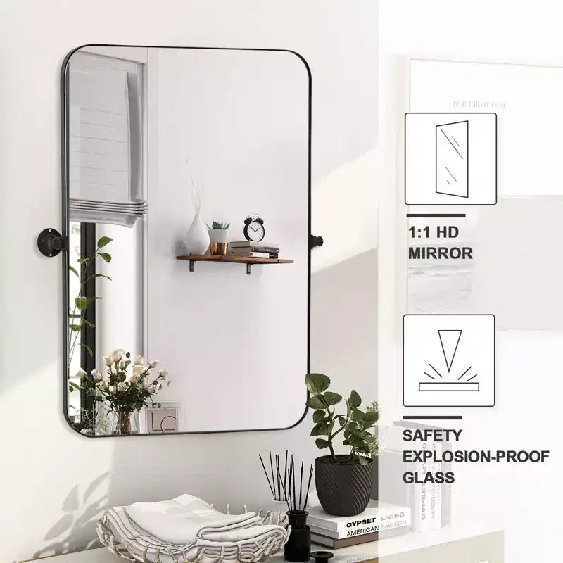Miroir mural rectangulaire, coins arrondis, en fer noir, quincaillerie rotative, 31x23x2in