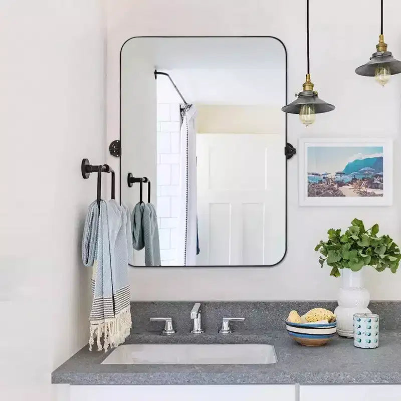 Miroir mural rectangulaire, coins arrondis, en fer noir, quincaillerie rotative, 31x23x2in