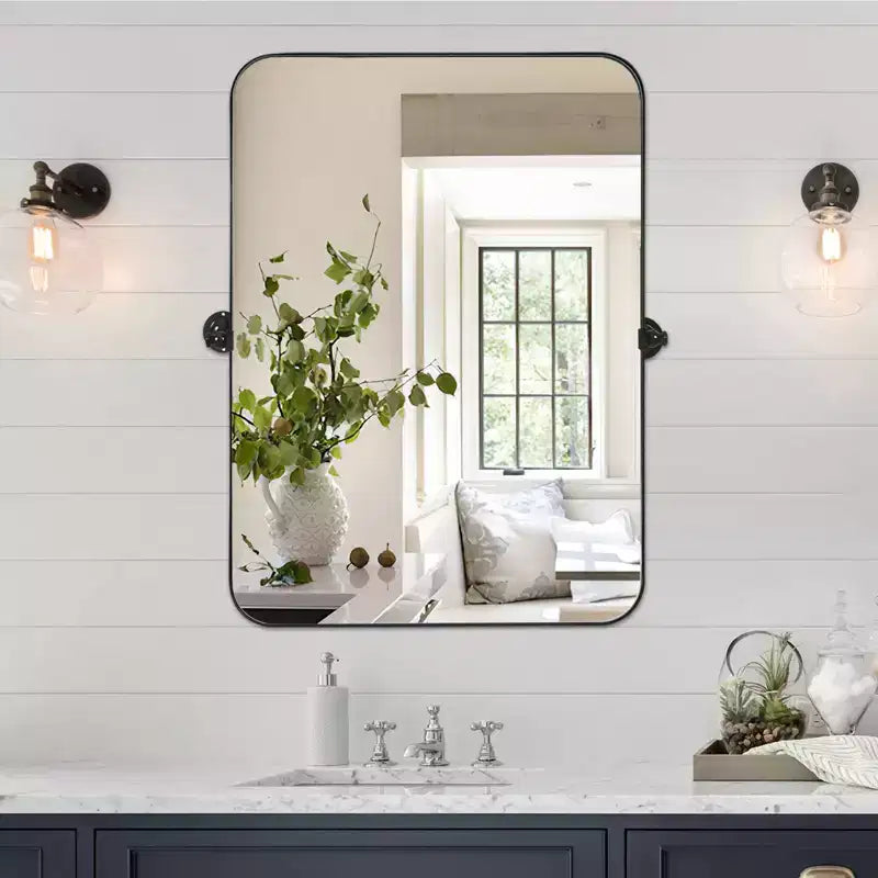 Miroir mural rectangulaire, coins arrondis, en fer noir, quincaillerie rotative, 31x23x2in