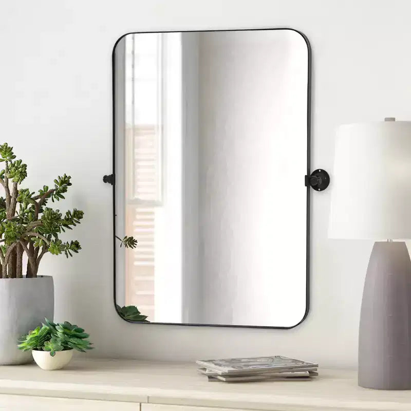 Miroir mural rectangulaire, coins arrondis, en fer noir, quincaillerie rotative, 31x23x2in