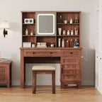 Coiffeuse avec miroir et lumières, table de maquillage avec plateau en verre de 106 cm, tabouret rembourré, tiroirs, meuble de rangement et étagères ouvertes, 2 tiroirs de rangement