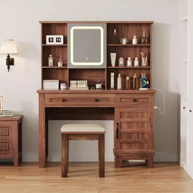 Coiffeuse avec miroir et lumières, table de maquillage avec plateau en verre de 106 cm, tabouret rembourré, tiroirs, meuble de rangement et étagères ouvertes, 2 tiroirs de rangement