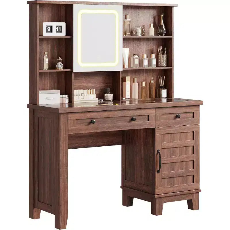 Makeup Vanity Desk, with Mirror and Lights, 42 Glass Top Vanity Table, Upholstered Stool, Drawers, Cabinet & Open Shelves, 2 Storage Drawers
