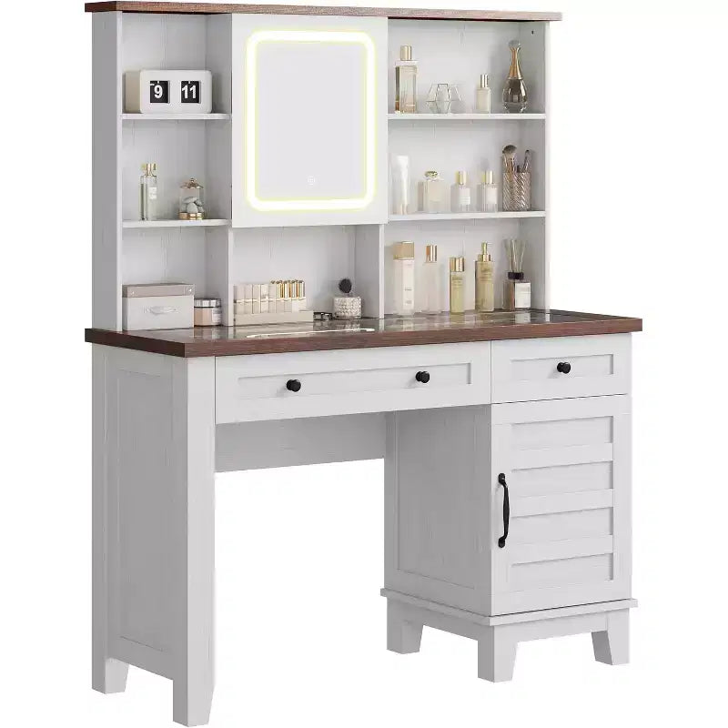 Coiffeuse avec miroir et lumières, table de maquillage avec plateau en verre de 106 cm, tabouret rembourré, tiroirs, meuble de rangement et étagères ouvertes, 2 tiroirs de rangement