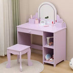 Coiffeuse pour enfants avec miroir lumineux et tabouret, avec tiroir et étagères ouvertes, coiffeuse 2 en 1 pour petites filles de 3 à 9 ans