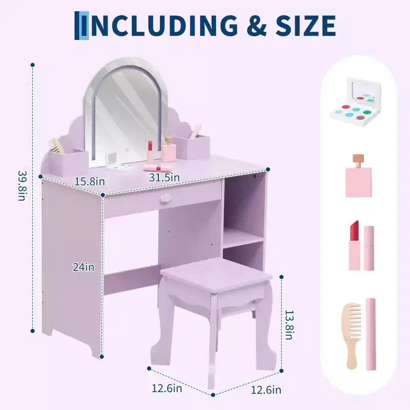 Coiffeuse pour enfants avec miroir lumineux et tabouret, avec tiroir et étagères ouvertes, coiffeuse 2 en 1 pour petites filles de 3 à 9 ans
