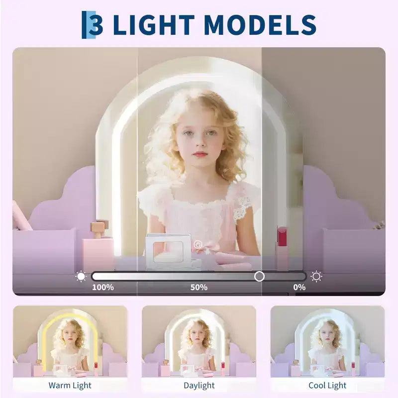Coiffeuse pour enfants avec miroir lumineux et tabouret, avec tiroir et étagères ouvertes, coiffeuse 2 en 1 pour petites filles de 3 à 9 ans