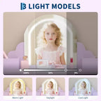 Coiffeuse pour enfants avec miroir lumineux et tabouret, avec tiroir et étagères ouvertes, coiffeuse 2 en 1 pour petites filles de 3 à 9 ans